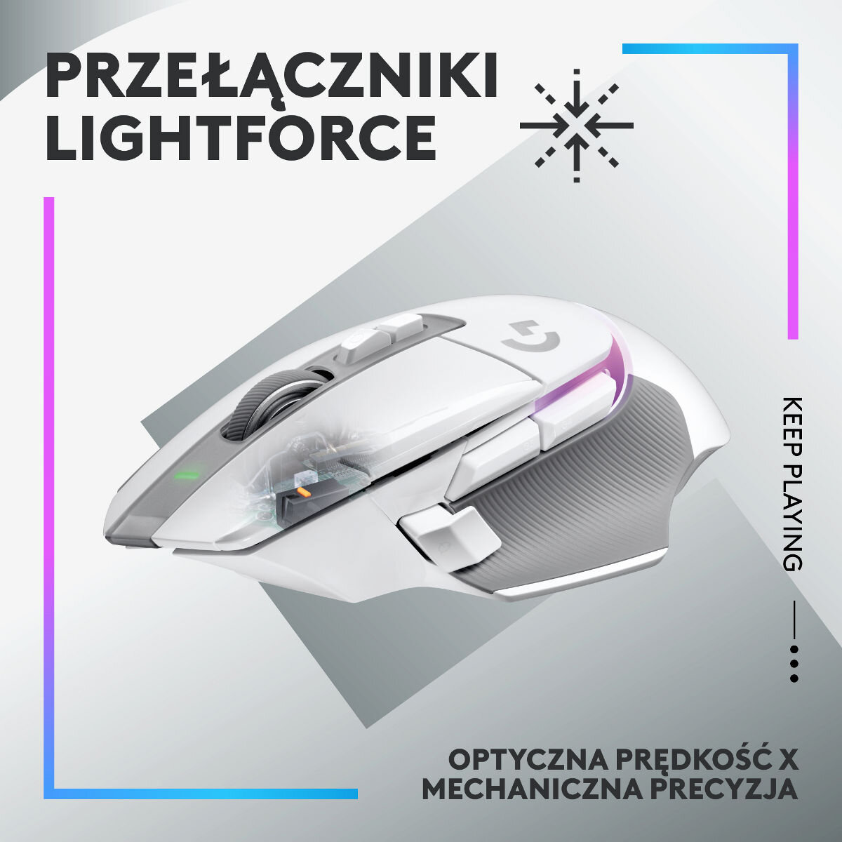 Biała i szara mysz gamingowa z wieloma przyciskami, podświetlona fioletowym i zielonym światłem.