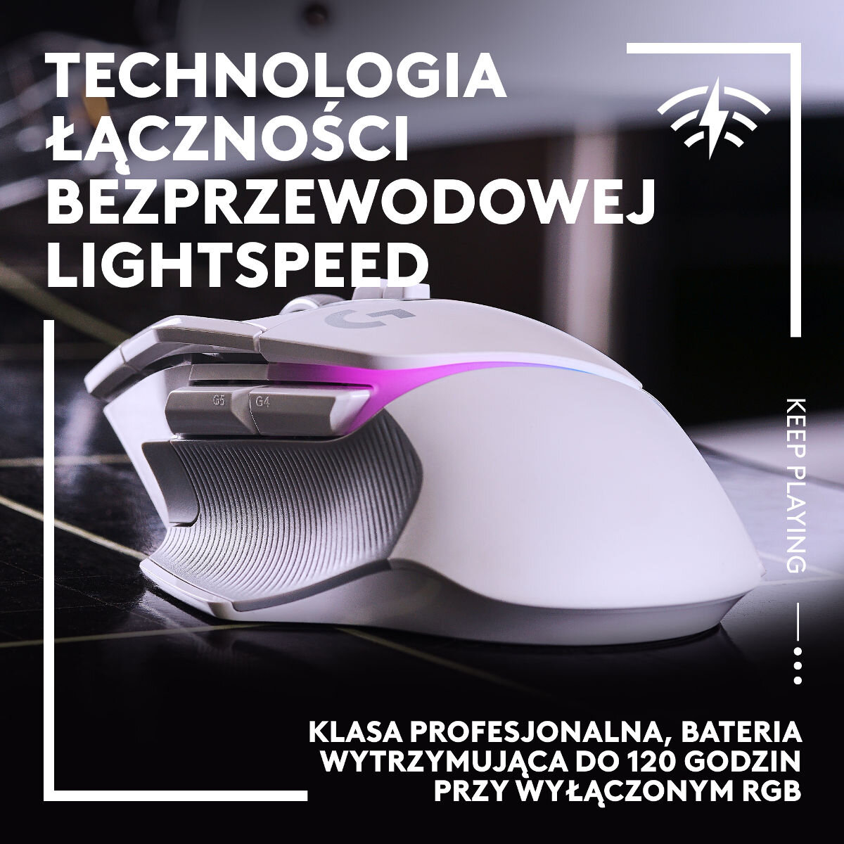 Biało-szara mysz gamingowa ze światłami, tekst o Lightspeed bezprzewodowym.