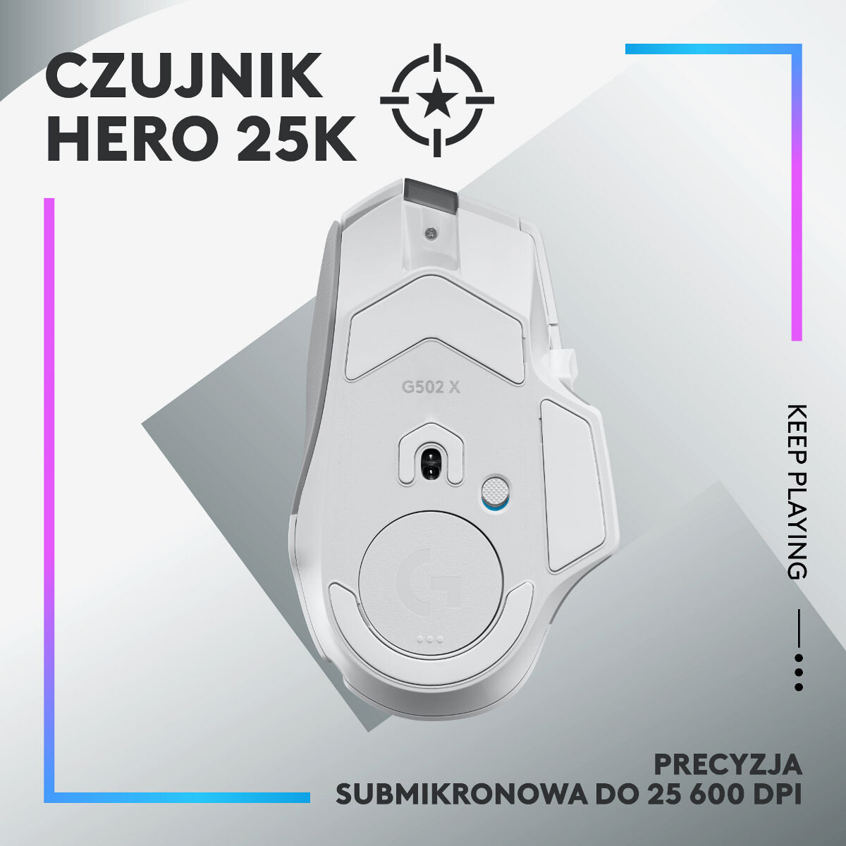 Biała mysz do gier, widok od spodu, z ikoną celu i tekstem o precyzji.