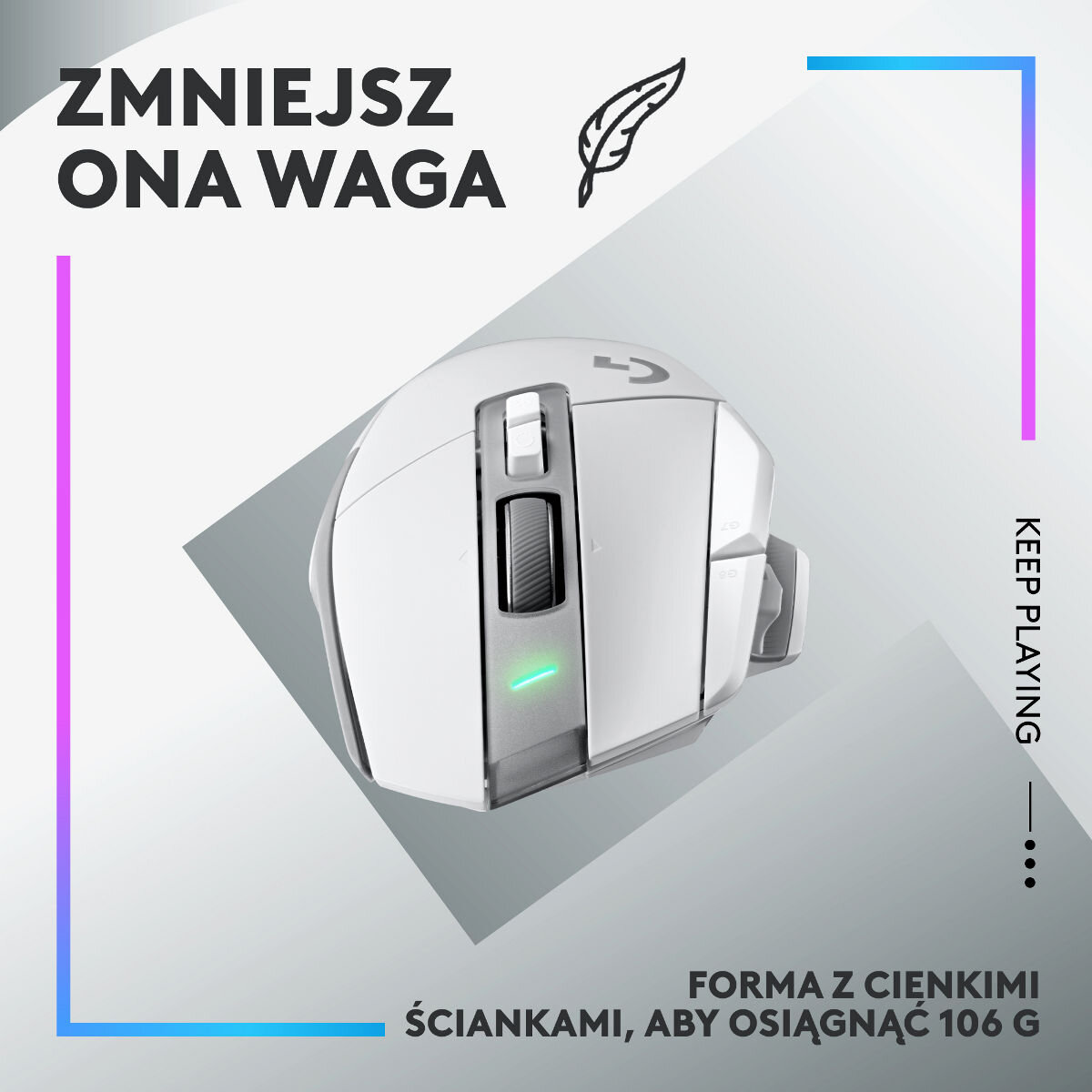 Biała mysz z tekstem i grafiką na kolorowym tle.