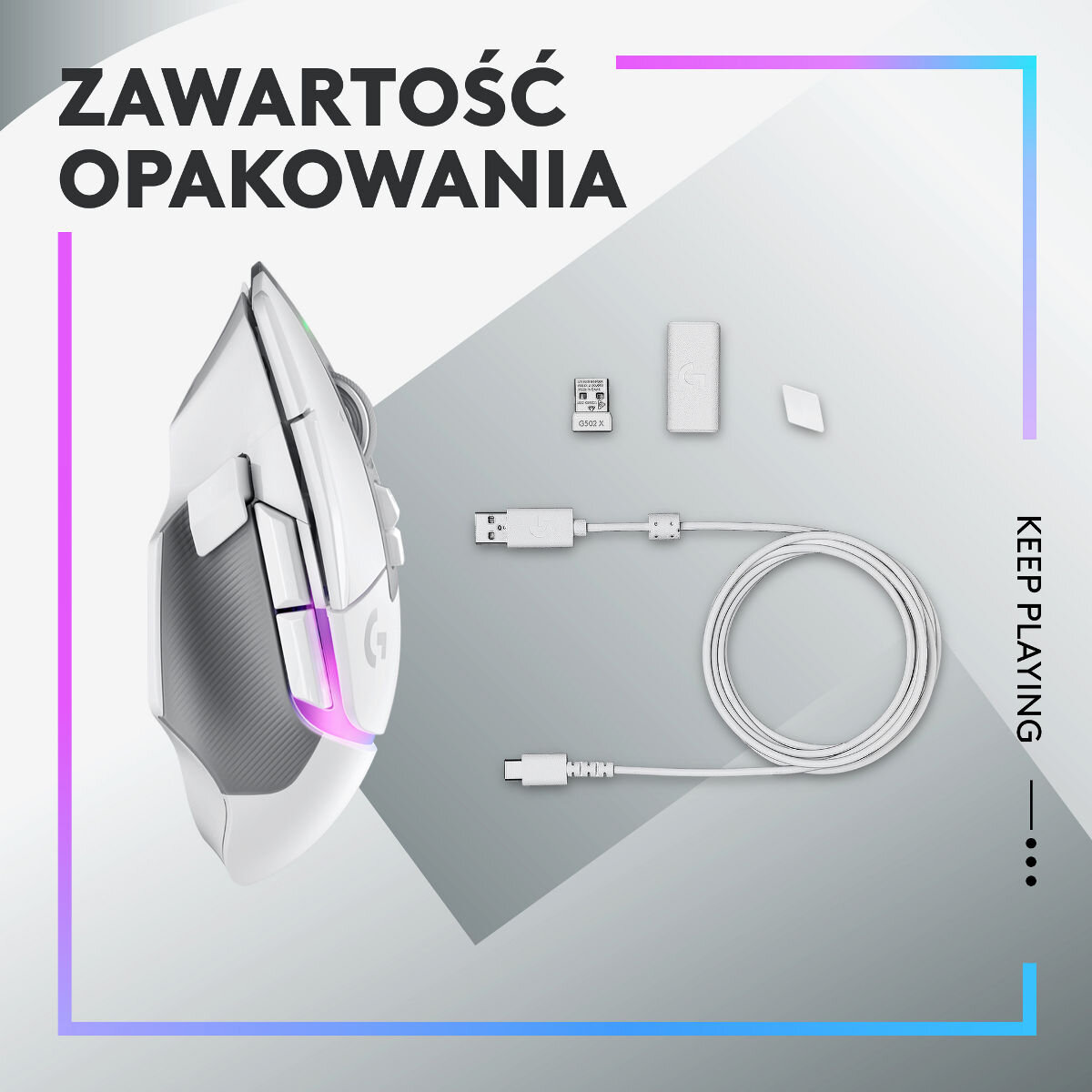 Biała mysz do gier i akcesoria, w tym odbiornik, kabel i adapter. Tekst: ZAWARTOSC OPAKOWANIA.
