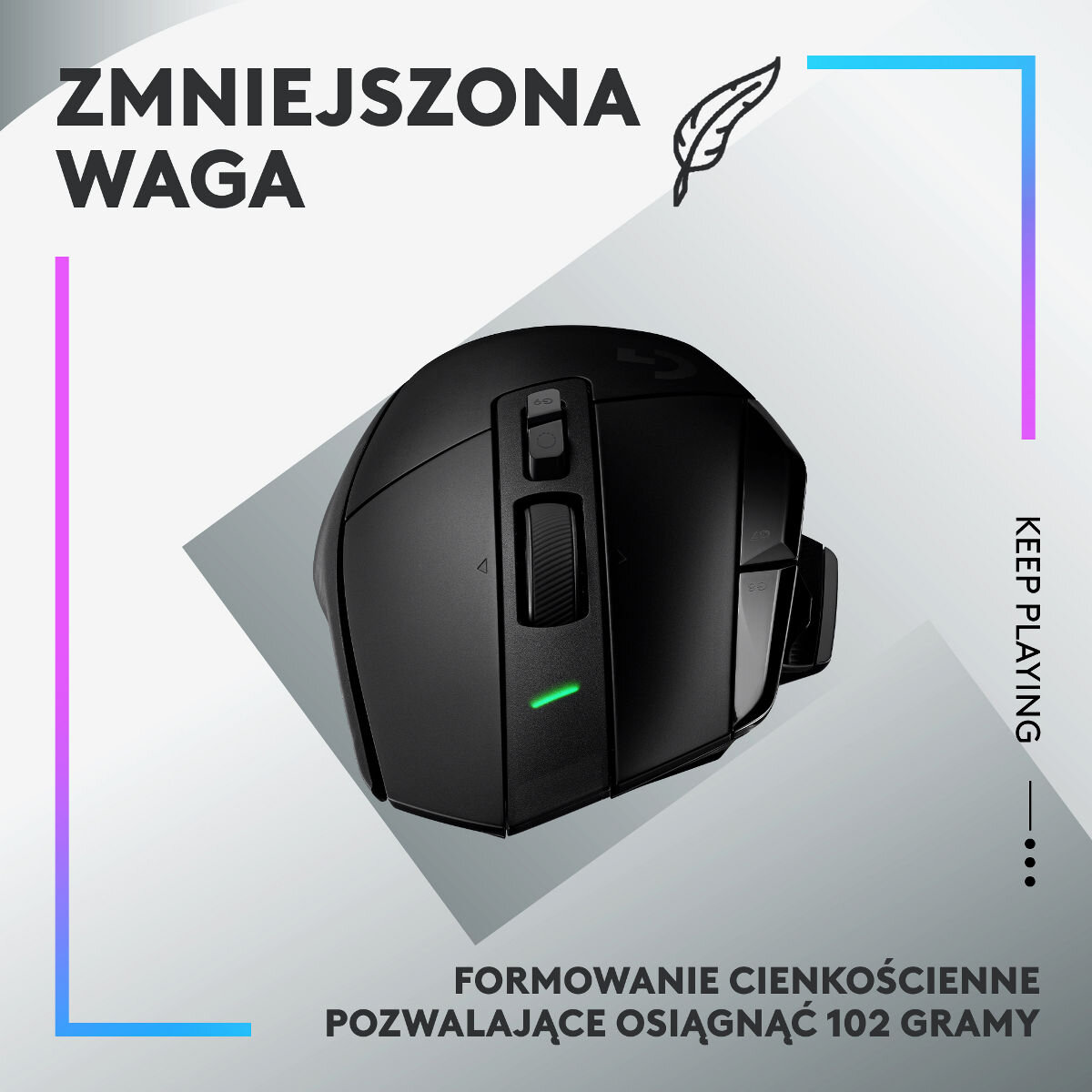 Czarna mysz gamingowa z zielonym światłem i tekstem na białym tle.