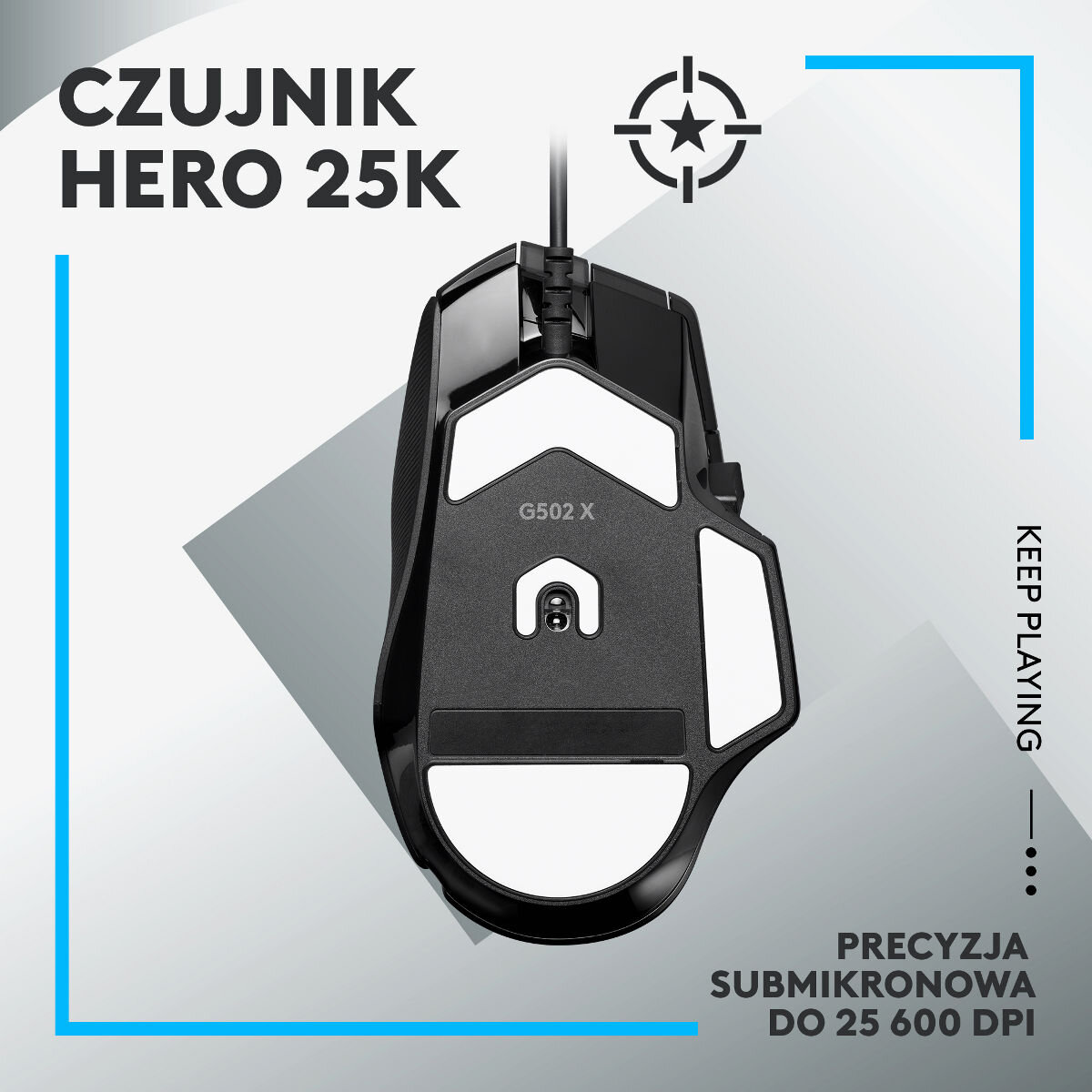 Czarna mysz gamingowa z czujnikiem hero i tekstem. Posiada ikonę celu.