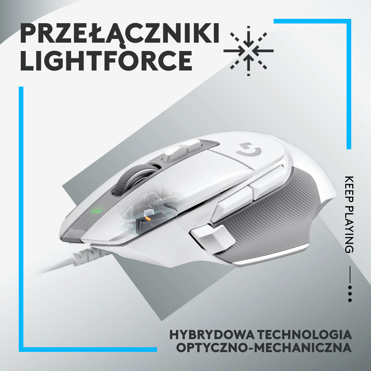 Biała mysz do gier z przełącznikami Lightforce, przezroczysty fragment.