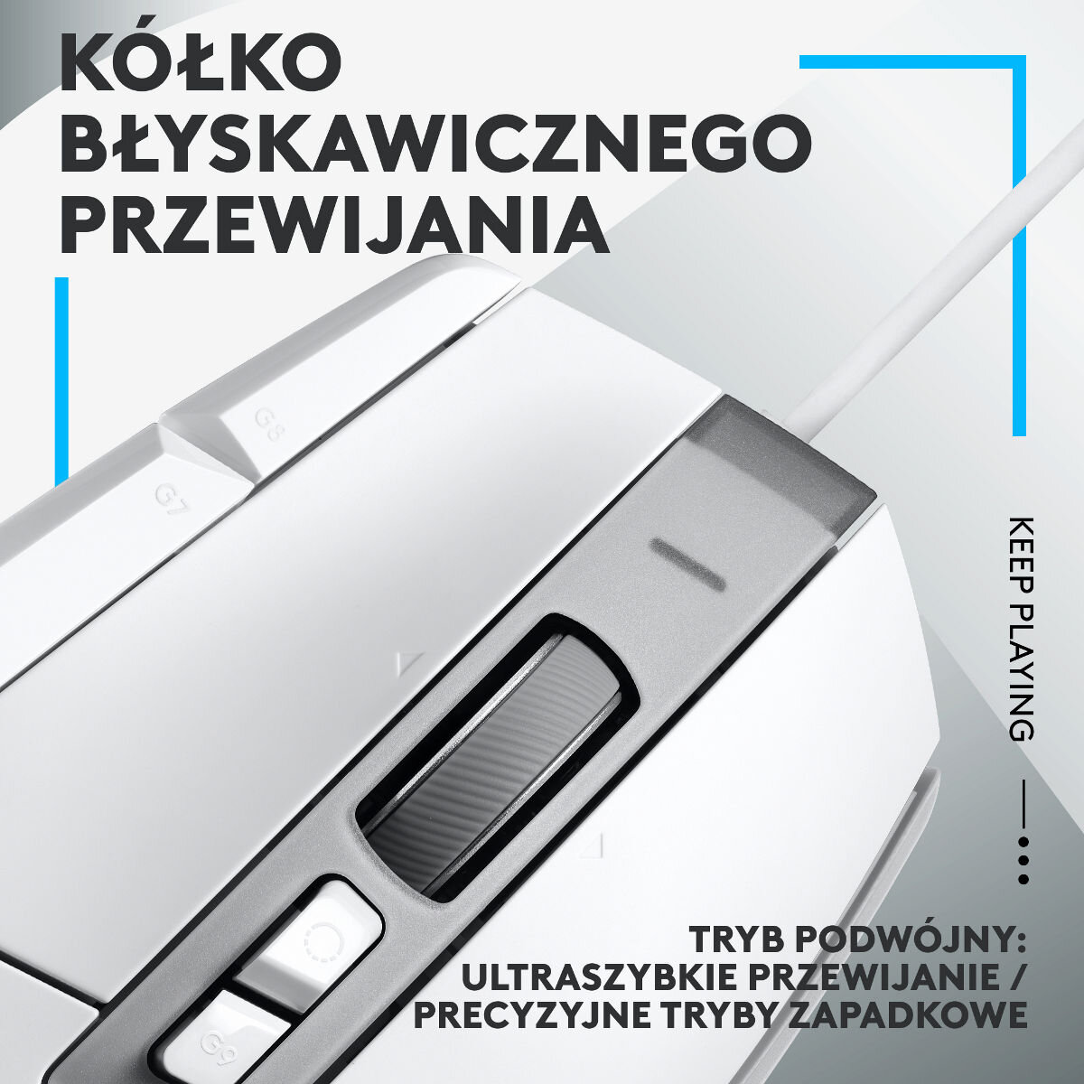 Biała mysz z tekstem. Mysz ma kółko przewijania, przyciski i kabel.