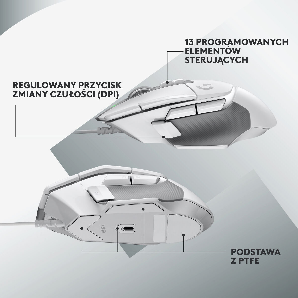 Biała mysz gamingowa, przekrój pokazujący elementy wewnętrzne, z etykietami.