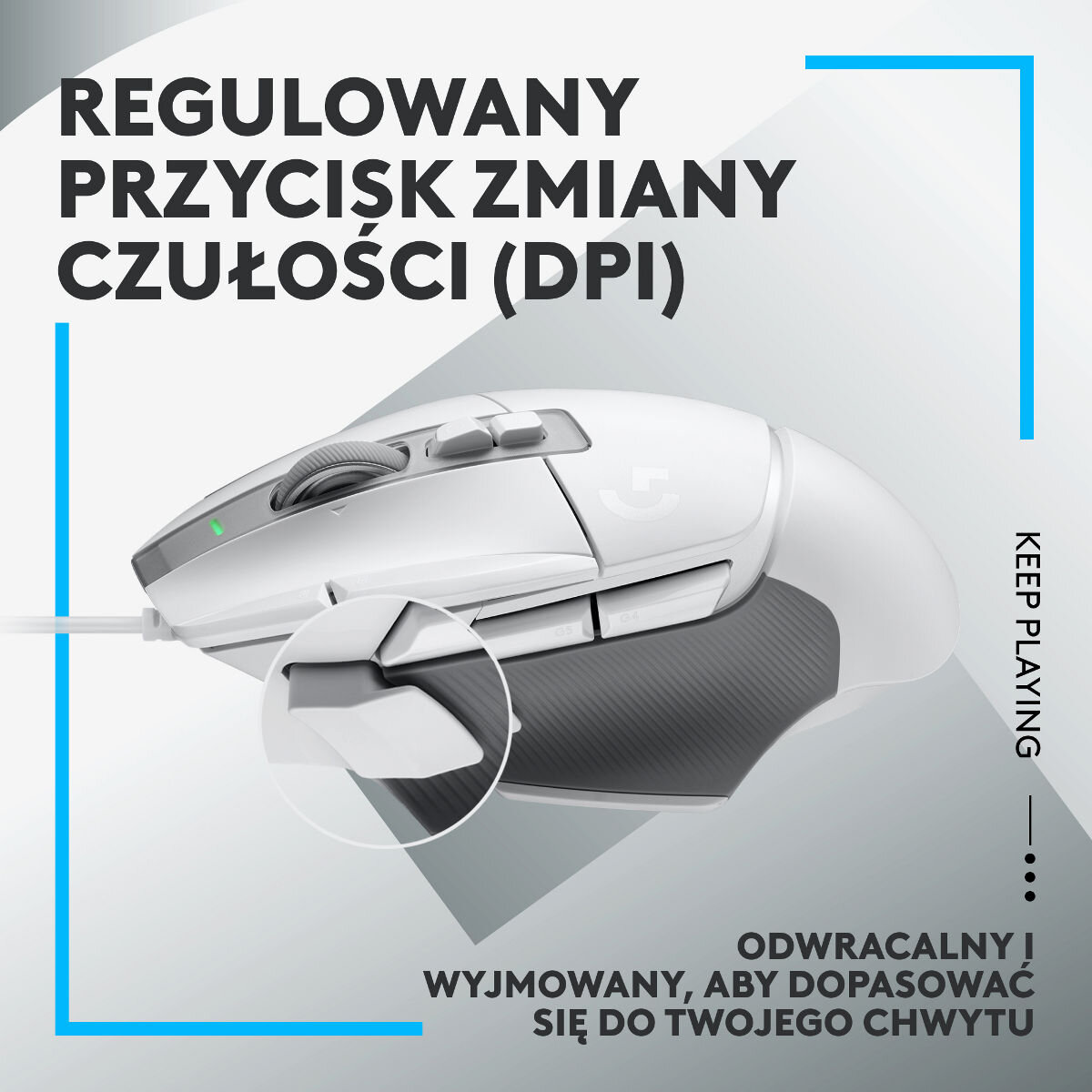 Biała mysz gamingowa z odpinanym przyciskiem. Tekst: 'Regulowane DPI'.