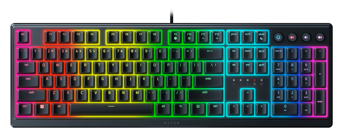 Czarna klawiatura Razer z podświetlanymi klawiszami w kolorach tęczy. Klawiatura ma standardowy układ QWERTY.