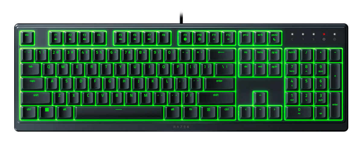 Czarna klawiatura Razer z zielonymi podświetlanymi klawiszami. Klawiatura ma standardowe klawisze i logo Razer.