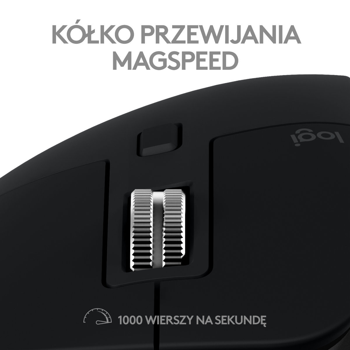 Zbliżenie na kółko przewijania czarnej myszy z tekstem o prędkości.