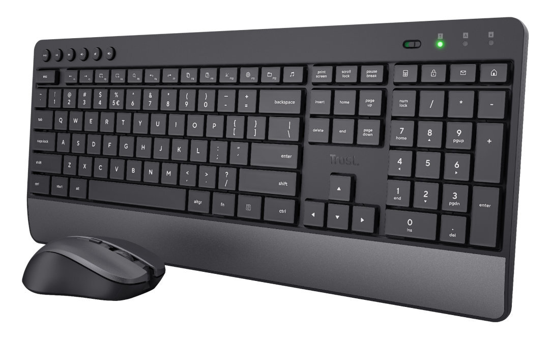Czarna klawiatura z myszką; klawiatura ma klawisze i klawiaturę numeryczną.