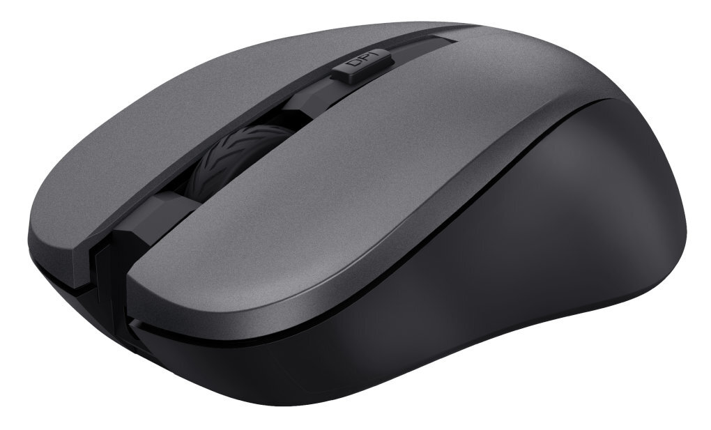 Zbliżenie szarej i czarnej myszy bezprzewodowej. Widoczny przycisk DPI.