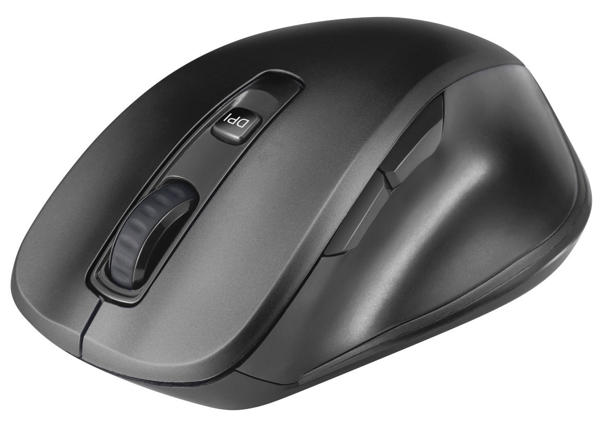 Czarna mysz bezprzewodowa z przyciskami, kółkiem przewijania i przyciskiem DPI na białym tle.