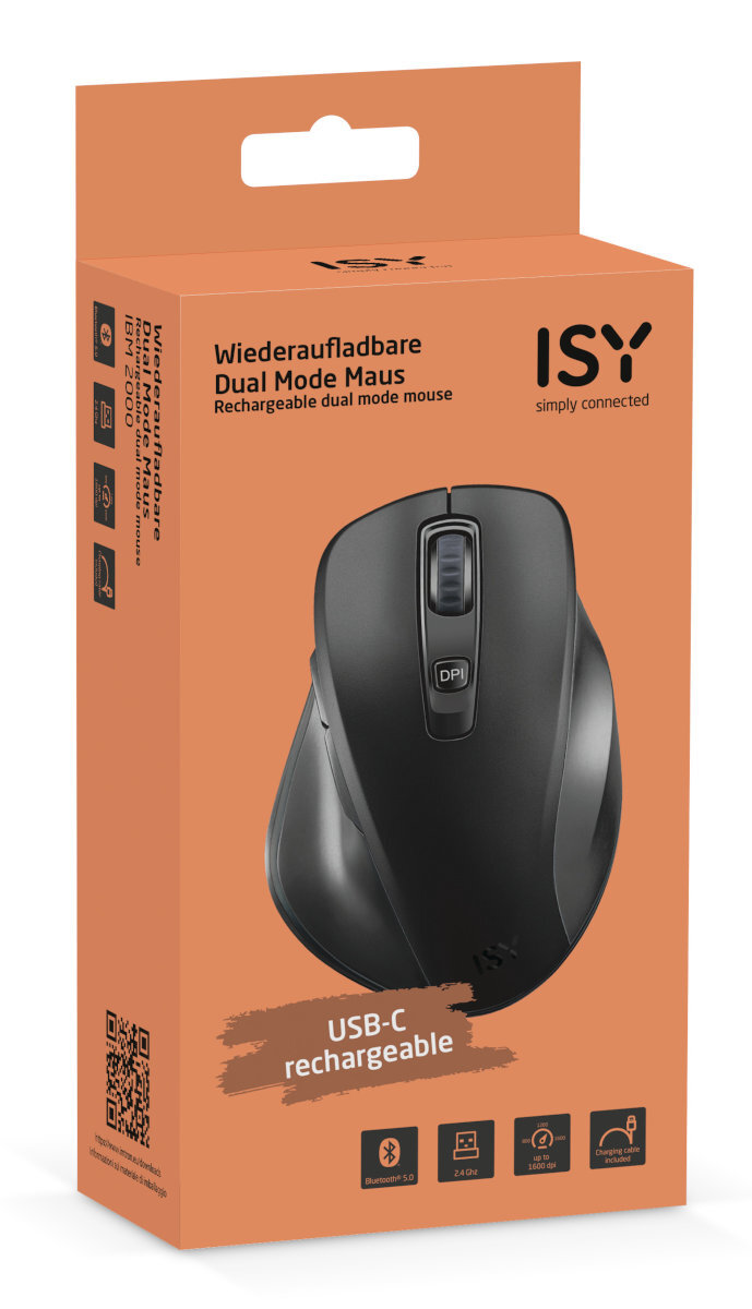 Czarna mysz z pudełkiem. Tekst znajduje się na pudełku.