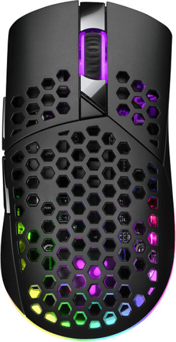 Czarna mysz do gier z konstrukcją plastra miodu, oświetleniem RGB. Ma dwa przyciski boczne i kółko przewijania.