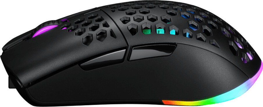 Czarna mysz do gier z wzorem plastra miodu i oświetleniem RGB.