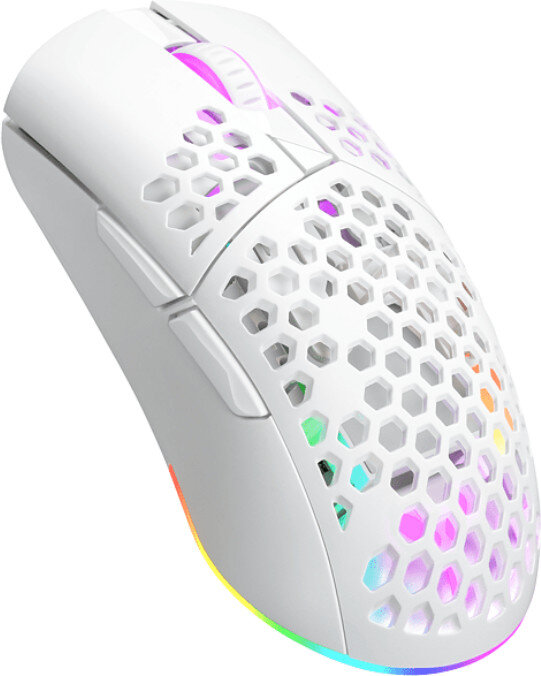 Biała mysz gamingowa z wzorem plastra miodu i kolorowymi światłami.