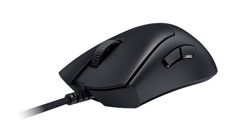 Czarna mysz komputerowa z kółkiem przewijania i bocznymi przyciskami na białym tle.