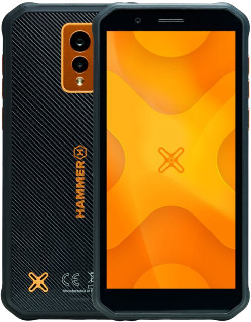 Czarny, wytrzymały smartfon z podwójnym aparatem i pomarańczowym logo z tyłu.