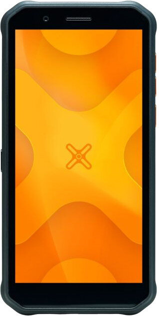 Wytrzymały czarny telefon z pomarańczowym ekranem z logo X.