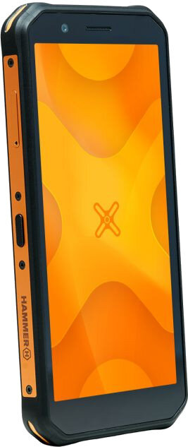 Czarny i pomarańczowy wytrzymały smartfon. Ekran wyświetla pomarańczowo-żółty wzór.