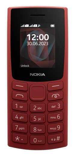 Czerwony telefon Nokia z czarnym ekranem wyświetlającym godzinę i datę.