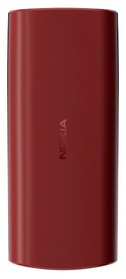 Zbliżenie ciemnoczerwonego telefonu komórkowego Nokia, pokazujące tył.