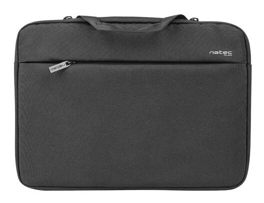Czarna torba na laptopa. Jest prostokątna i ma zamek błyskawiczny oraz uchwyt. Widoczne logo Natec.