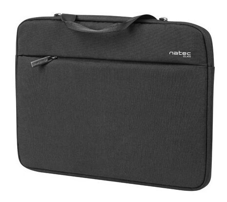 Czarna torba na laptopa z uchwytem i zamkiem błyskawicznym. Słowo "natec" jest wydrukowane na przodzie torby.