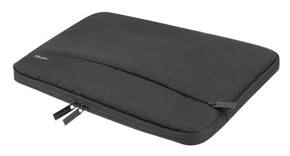 Czarna torba na laptopa z dwoma zamkami i małą kieszenią.