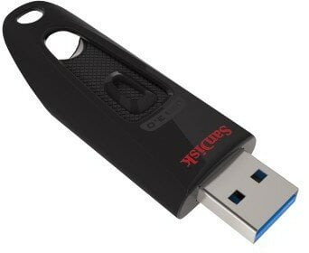 Czarny pendrive Sandisk z chowanym designem i czerwonym logo Sandisk.