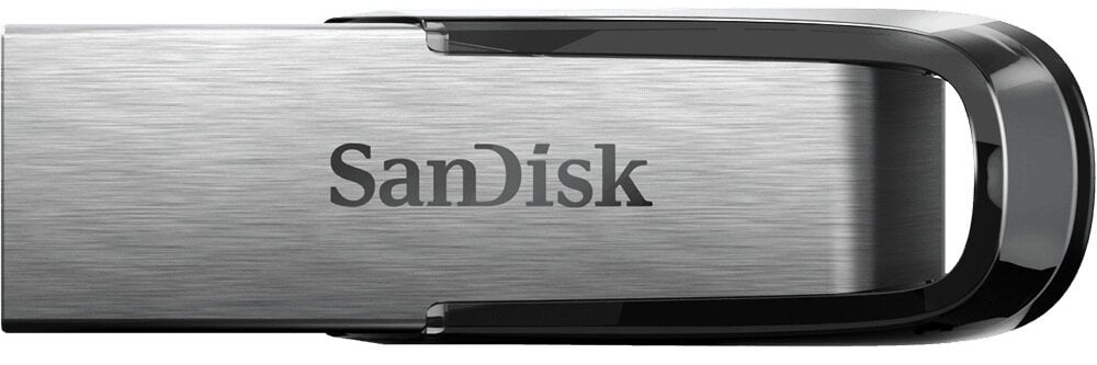 Srebrno-czarny pendrive Sandisk, zbliżenie.