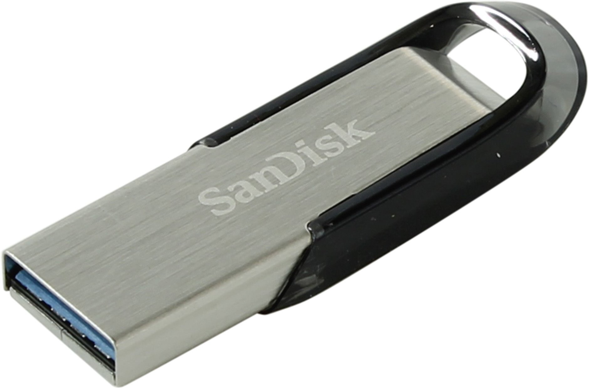 Srebrny i czarny pendrive SanDisk. Jest na białym tle.