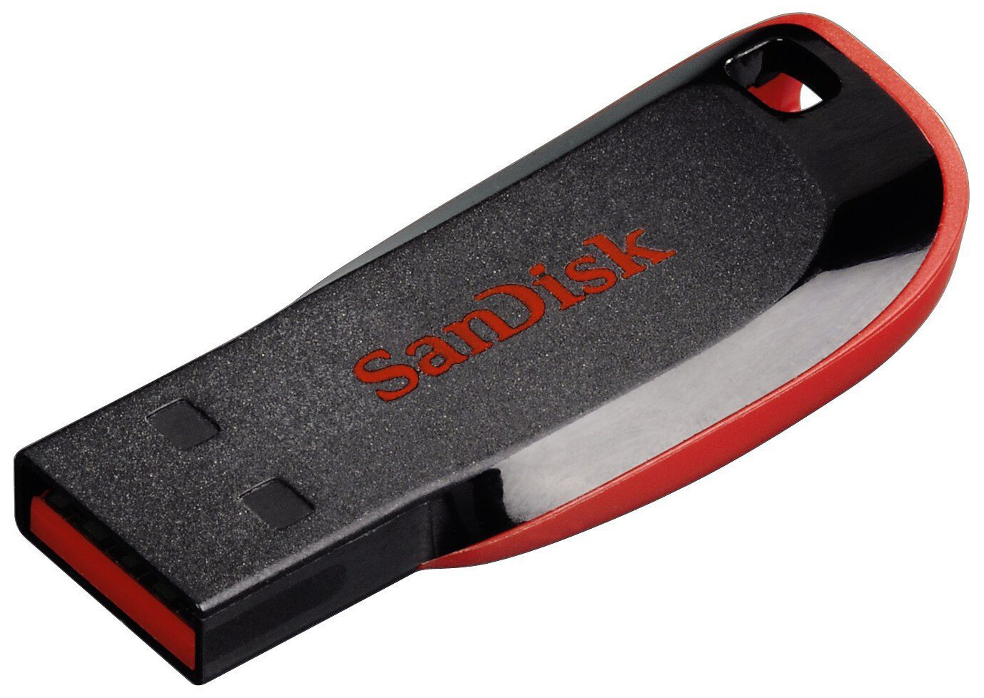 Czarny i czerwony dysk flash USB z logo SanDisk.