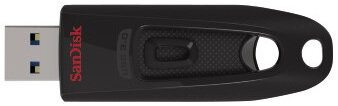 Czarny i czerwony pendrive z marką 'SanDisk'.