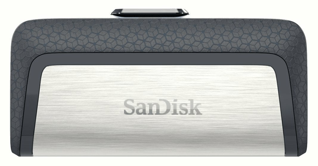 Srebrny i szary pendrive SanDisk, widok z góry, na białym tle.