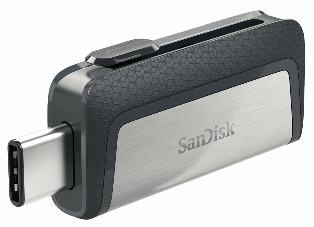 Srebrny i czarny pendrive SanDisk ze złączem USB-C i mechanizmem przesuwnym.