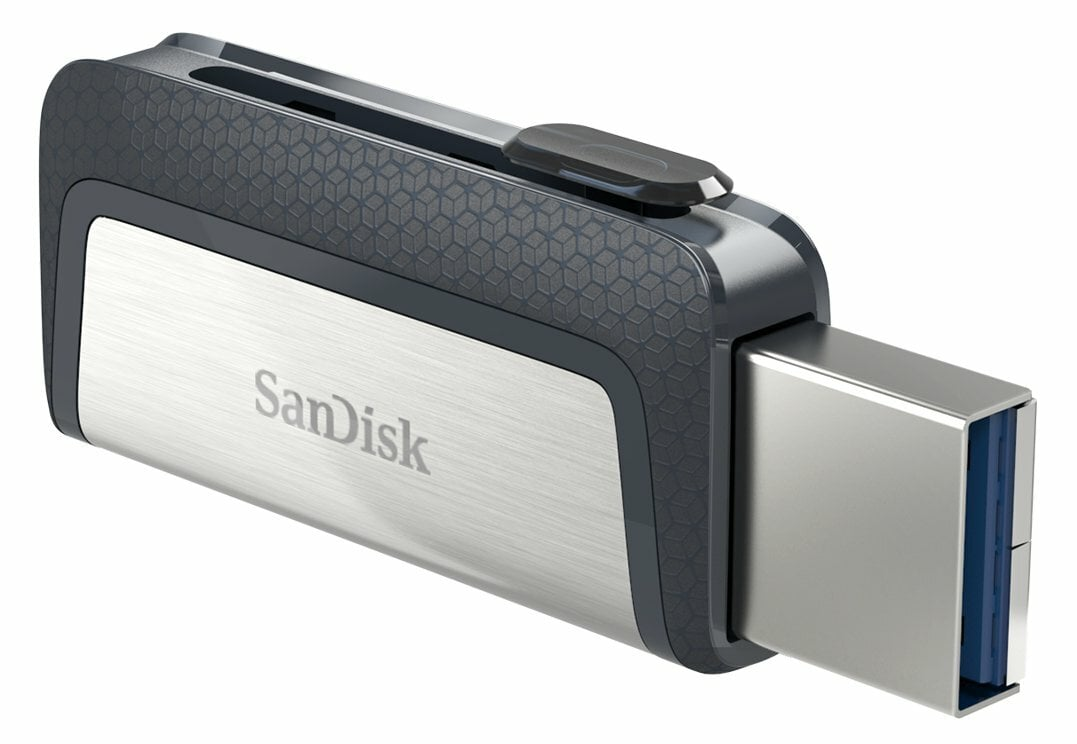Srebrny i czarny pendrive USB z mechanizmem przesuwnym i złączem USB-C.
