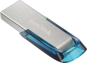 Srebrno-niebieski pendrive SanDisk, pokazujący złącze USB.
