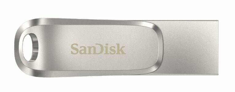 Srebrny pendrive USB z logo 'SanDisk' na białym tle.