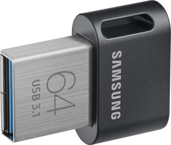 Srebrny i czarny pendrive z napisem '64 USB 3.1'.