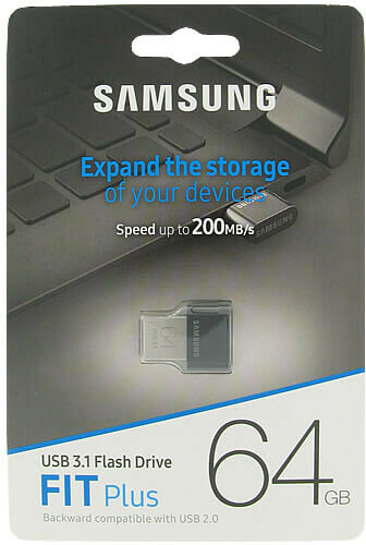 Pamięć flash USB 3.1 w opakowaniu, marka Samsung. Pojemność 64 GB.