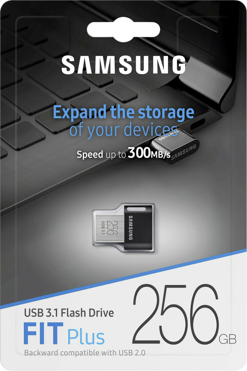 Czarny pendrive USB 3.1 Samsung w opakowaniu. Jest wpięty w laptopa. Tekst: 256 GB.
