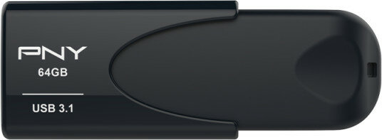 Czarny pendrive USB z białym tekstem: PNY, 64GB i USB 3.1. Na białym tle.