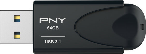 Czarny pendrive PNY z oznaczeniami 64 GB i USB 3.1. Srebrne metalowe złącze USB.