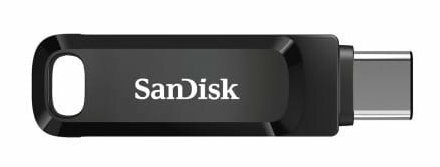 Czarny i srebrny pendrive USB-C z logo Sandisk, białe tło.