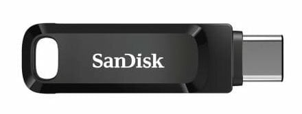 Czarny pendrive SanDisk z metalowym, srebrnym złączem USB-C. Widoczna nazwa marki.
