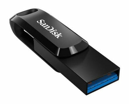 Czarny pendrive z logo SanDisk. Ma niebieskie złącze.