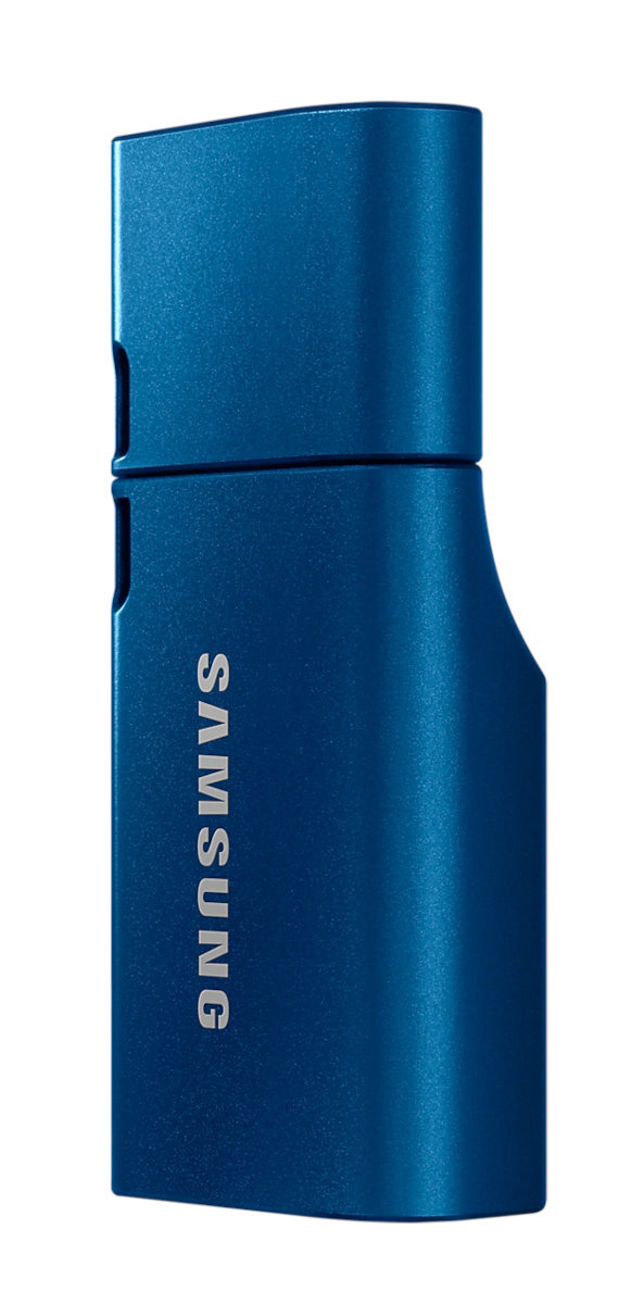 Niebieski pendrive Samsung, pionowo, z białym logo Samsung.