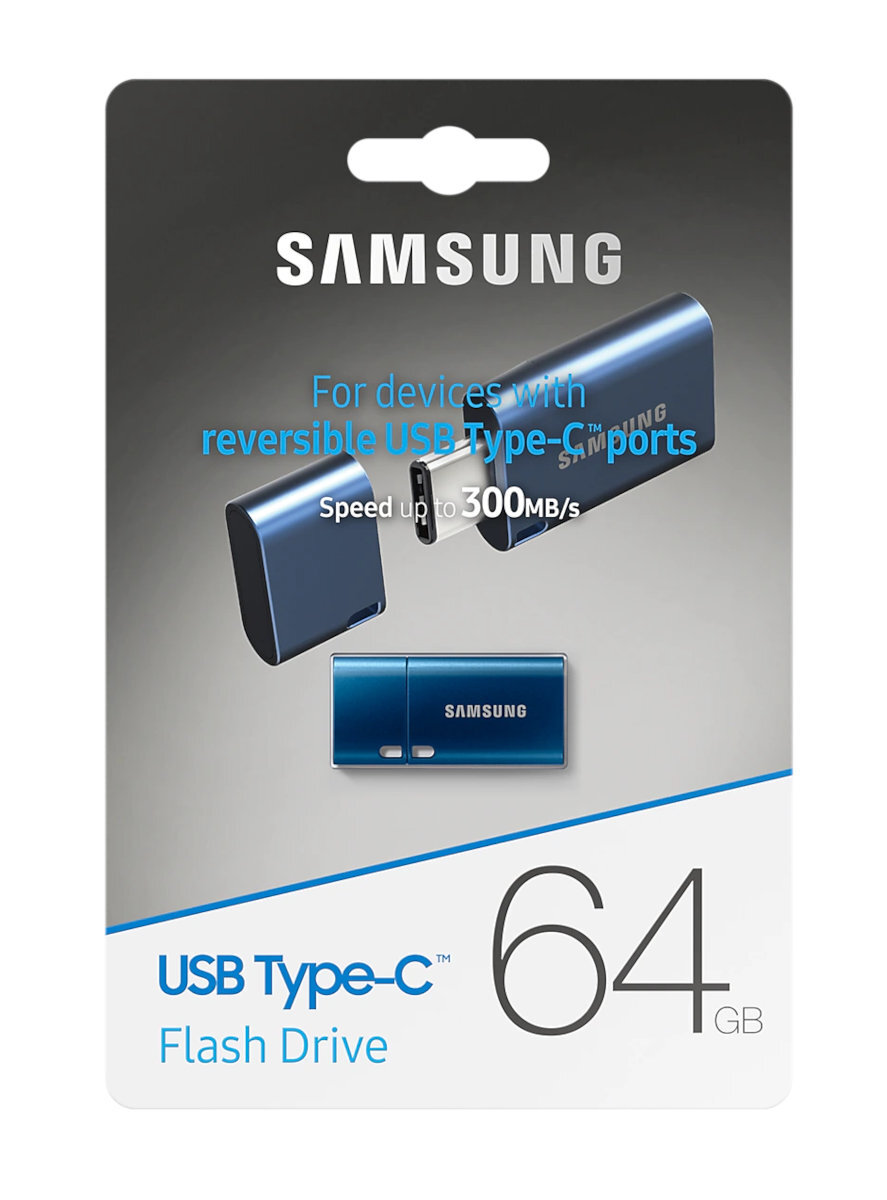 Niebieski pendrive USB Type-C Samsung w opakowaniu. Pokazuje pendrive.
